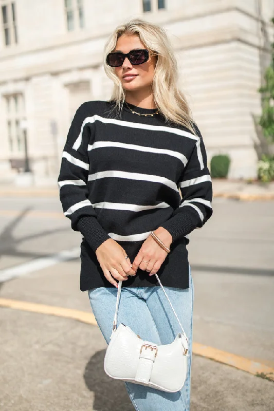 Crushing On You Black And Ivory Striped Crew Neck Sweater