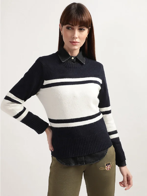 Gant Women Navy Blue  White Colourblocked Wool Pullover