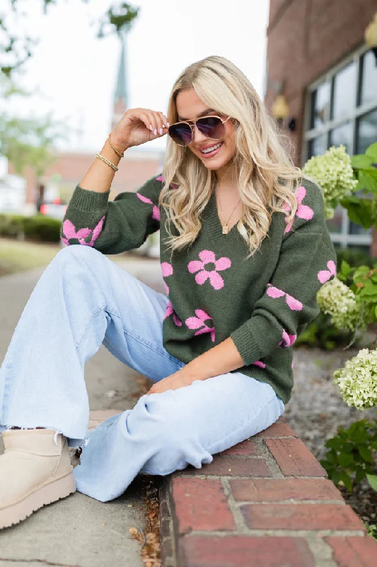 Keep You Around Olive and Pink Floral V-neck Sweater