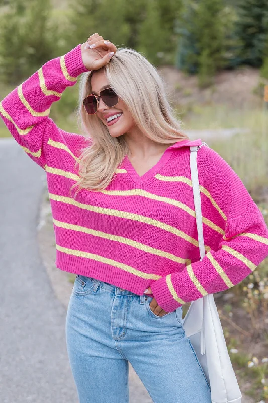 Living Proof Pink and Lime Striped Collared Sweater