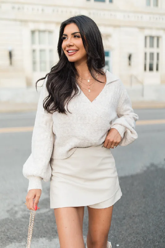 See You Tomorrow Beige Collared Wrap Sweater