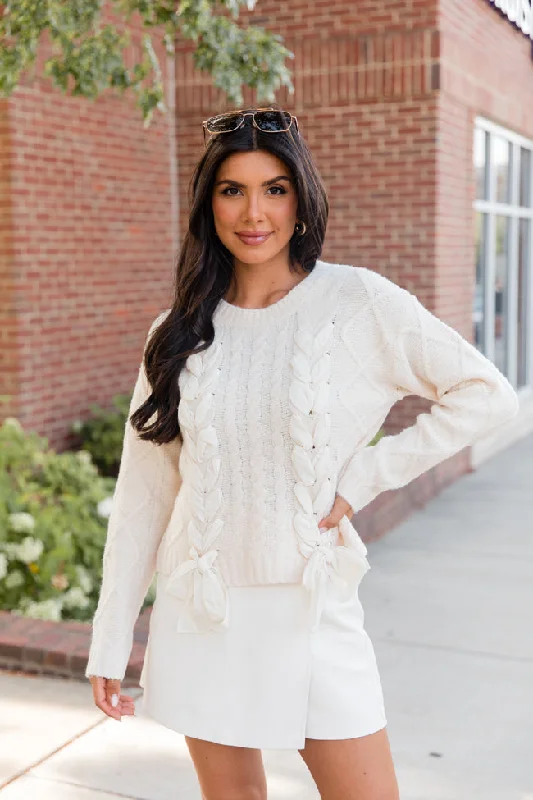 Tied To You Ivory Lace Up Sweater