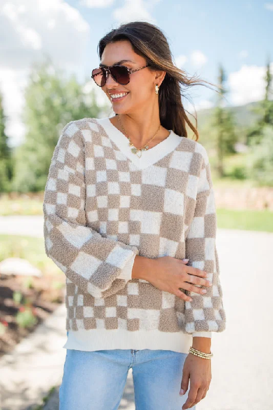 Warm Hearts Taupe Fuzzy Checkered V-neck Sweater