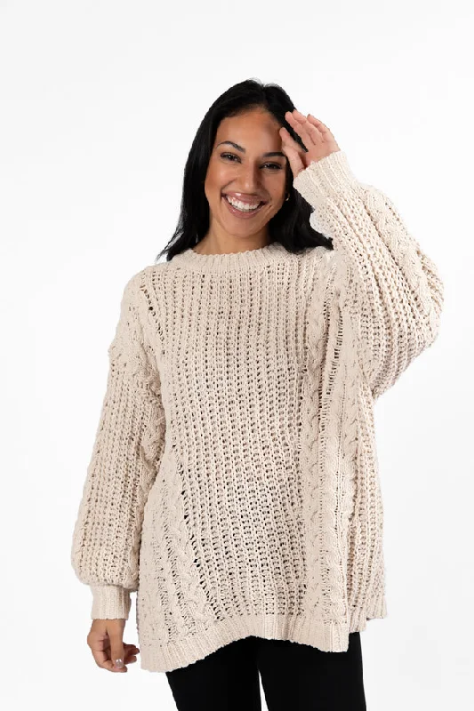 Wide Open Spaces Beige Chenille Cable Knit Oversized Sweater