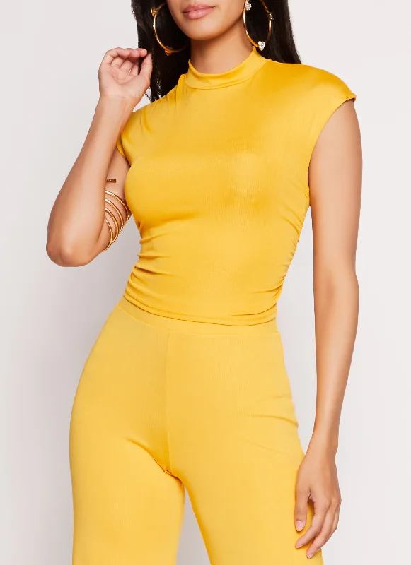 Ruched Mock Neck Cap Sleeve Top