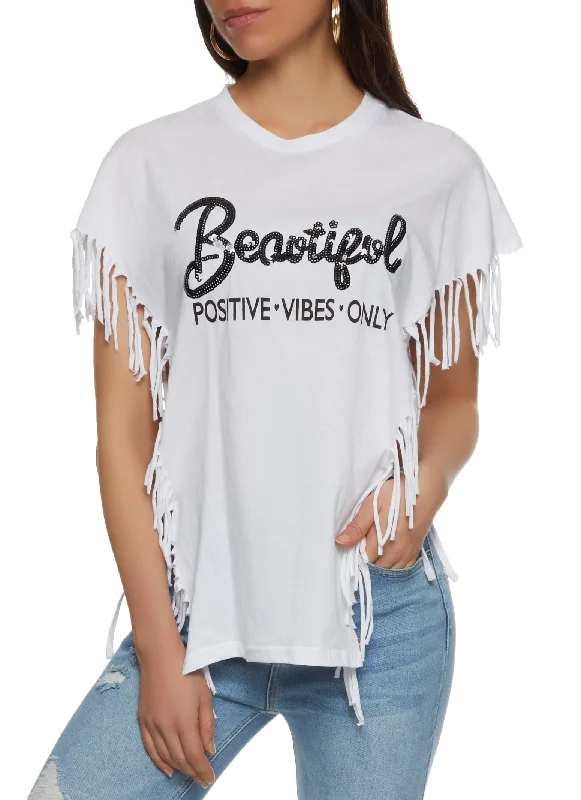 Beautiful Positive Vibes Only Sequin Fringe Graphic Top