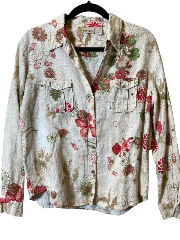 Blouse Long Sleeve By Chicos In Floral Print, Size: M