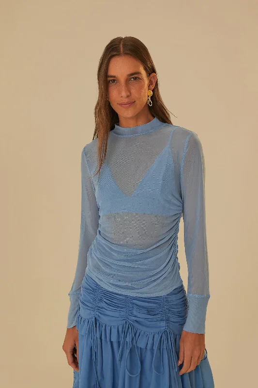 Blue Tulle Long Sleeved Blouse