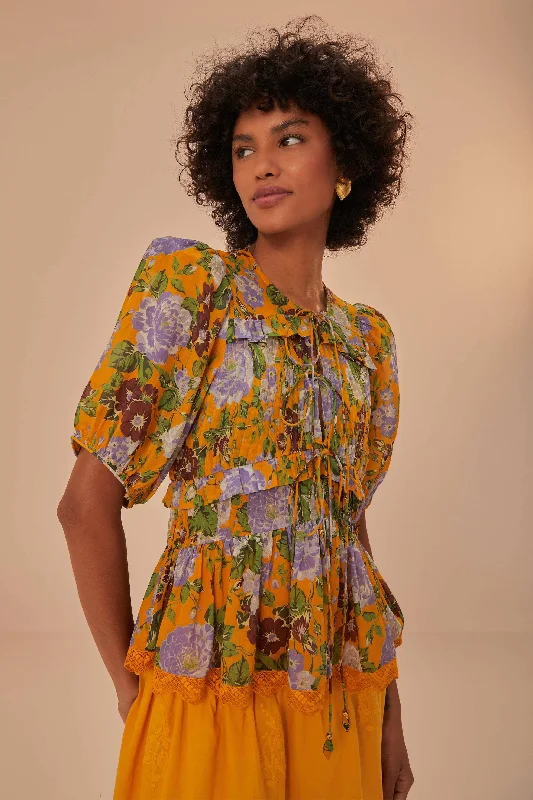 Mustard Capri Floral Short Sleeve Blouse