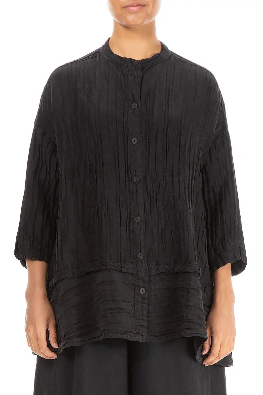 Flared Crinkled Black Silk Shirt