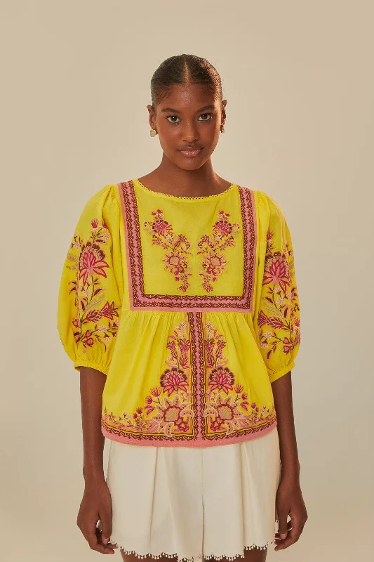 Yellow Garden Tapestry Embroidered Blouse