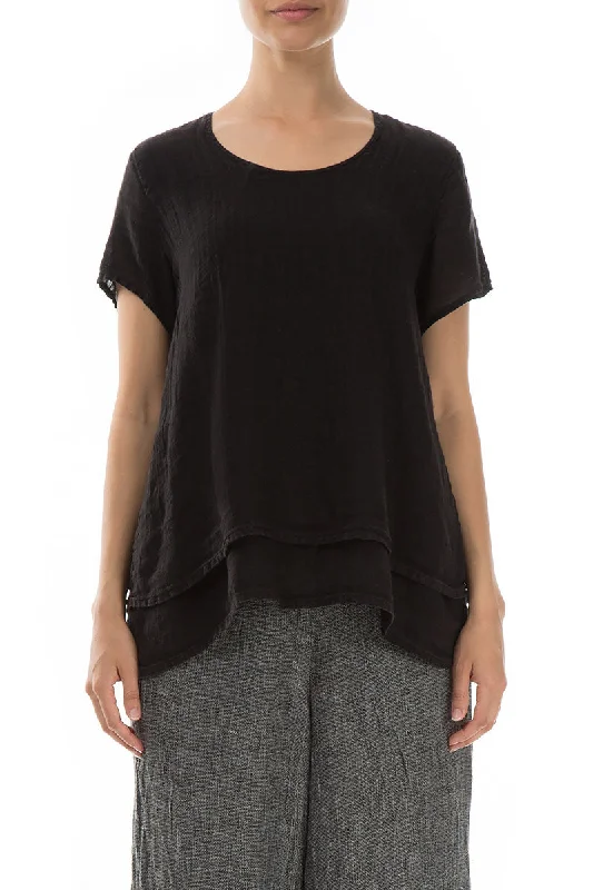 Evergreen Layered Black Linen Blouse