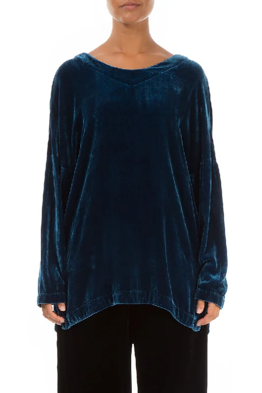 Slit Hem Blue Silk Velvet Tunic