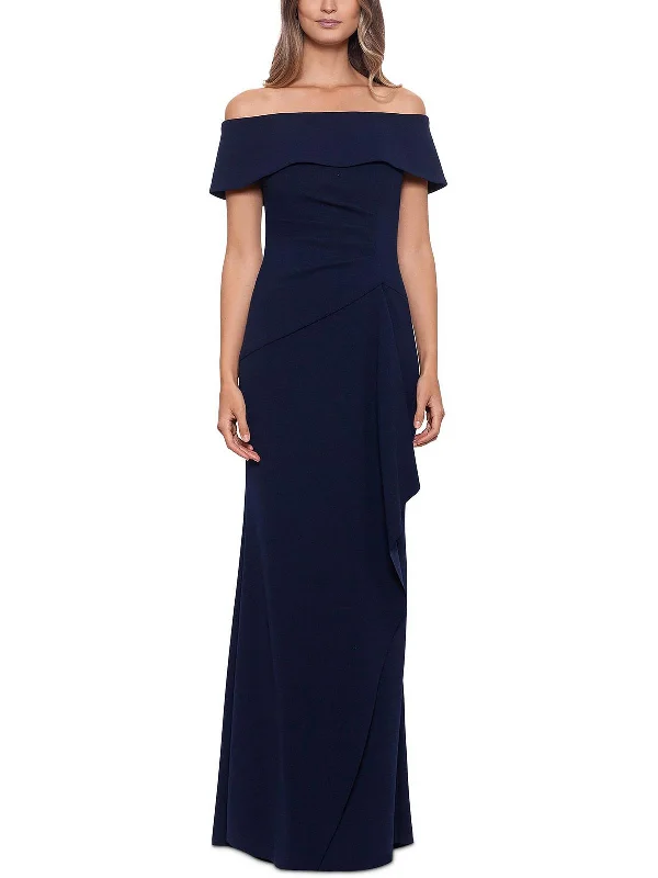 Petites Womens Off-The-Shoulder Maxi Evening Dress