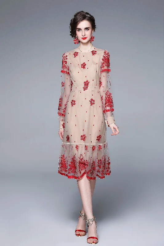 Red & Apricot Evening A-line V-neck Long Sleeve Midi Lace Dress