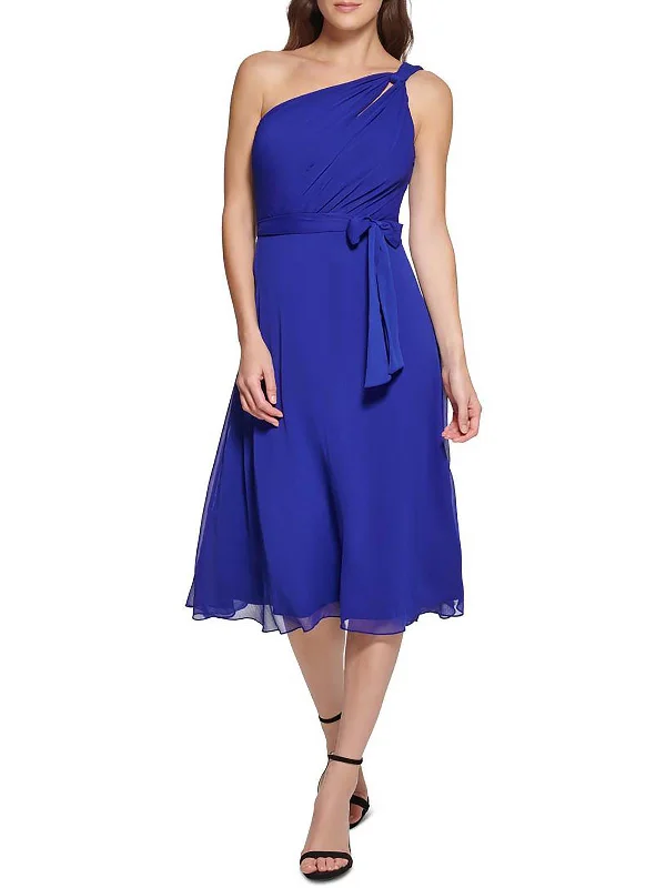 Womens Belted Midi Cocktail and Party Dress