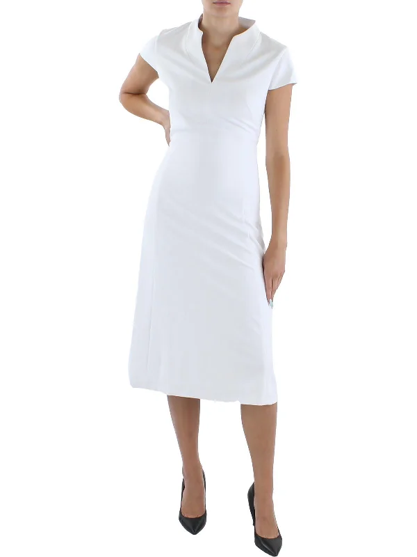 Womens Cap Sleeve Split Neck Midi Dress