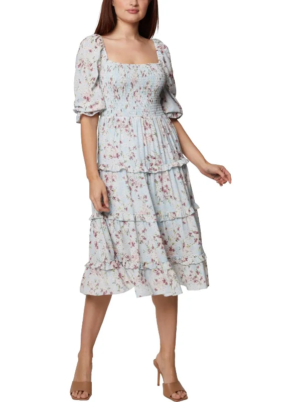 Womens Floral Ruched Midi Dress