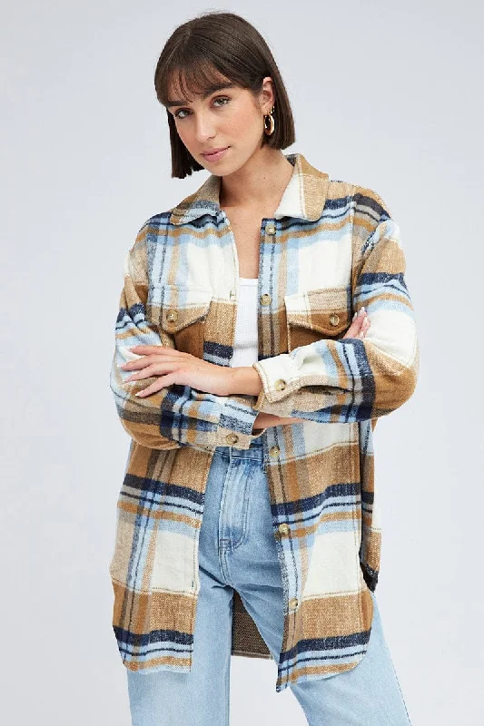 Brown Check Long Checked Print Jacket Long Sleeves