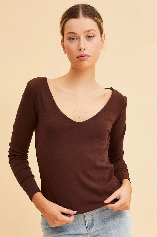 Brown V Neck Top Long Sleeve Cotton Stretch