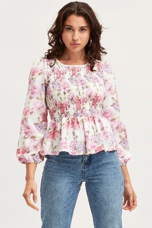 Print Shirred Top Long Sleeve