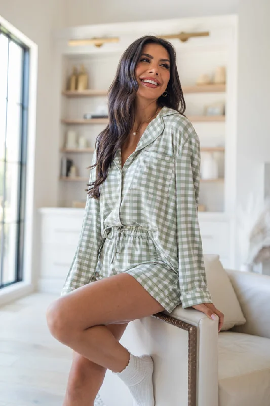 Under The Stars In Olive Grateful Gingham Long Sleeve Bamboo Pajama Top